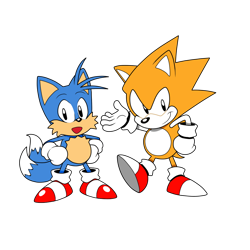 Size: 1000x1000 | Tagged: safe, artist:sarkenthehedgehog, miles "tails" prower, sonic the hedgehog, fox, hedgehog, classic sonic, classic tails, color swap, duo, gloves, hands on hips, looking at viewer, mania style, mouth open, shoe swap, shoes, simple background, smile, socks, standing, standing on one leg, transparent background