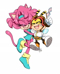 Size: 1665x2048 | Tagged: safe, artist:jennifer hernandez, charmy bee, oc, oc:jade the cat, bee, cat, bottomless, child, duo, flag, headcanon, hugging, laughing, one fang, simple background, trans male, trans pride, transgender, white background