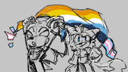 Size: 540x304 | Tagged: safe, artist:larabar, miles "tails" prower, sonic the hedgehog, fox, hedgehog, aro ace pride, aromantic pride, asexual pride, duo, eyes closed, flag, grey background, headcanon, holding something, looking ahead, monochrome, mouth open, pride, pride flag, simple background, sketch, smile, standing, trans male, trans pride, transgender