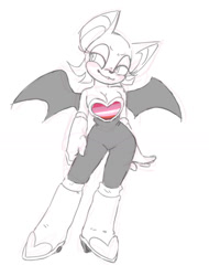 Size: 1017x1341 | Tagged: artist needed, safe, rouge the bat, bat, boots, gloves, hand on hip, headcanon, lesbian pride, looking offscreen, monochrome, pride, simple background, sketch, smile, solo, standing, white background