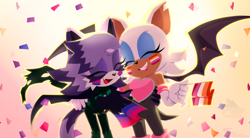 Size: 1790x986 | Tagged: safe, artist:oh-gh0st, rouge the bat, oc, bat, bisexual pride, canon x oc, clenched teeth, confetti, duo, eyes closed, facepaint, female, flag, gradient background, headcanon, holding each other, holding something, lesbian, lesbian pride, no outlines, oc x canon, one fang, pride, pride flag, shipping, smile, standing, unknown oc