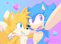 Size: 6000x4349 | Tagged: safe, artist:sonicaspeed123, miles "tails" prower, sonic the hedgehog, oc, oc:sonica the hedgehog, fox, hedgehog, alternate eye color, brother and sister, clenched teeth, duo, gloves, gradient background, hand on shoulder, heart chest, hearts, looking at camera, mouth open, one eye closed, purple eyes, selfie, siblings, smile, trans female, transgender