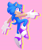 Size: 3855x4557 | Tagged: safe, artist:sonicaspeed123, sonic the hedgehog, oc, oc:sonica the hedgehog, hedgehog, alternate eye color, clenched teeth, gloves, looking at viewer, looking back, mid-air, pink background, purple eyes, purple shoes, shoes, simple background, smile, socks, solo, trans female, transgender, v sign