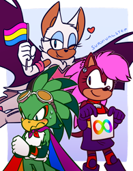 Size: 1280x1639 | Tagged: safe, artist:survivalstep, jet the hawk, rouge the bat, sonia the hedgehog, bat, bird, hedgehog, sonic underground, abstract background, arms folded, autism symbol, autistic pride, blushing, cape, earring, flag, frown, gay pride, goggles, gradient background, hawk, headcanon, heart, holding something, looking at viewer, looking down, pansexual pride, pride cape, pride flag, semi-transparent background, smile, sonic riders, sweatdrop, trio, wink