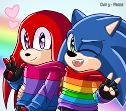 Size: 1978x1750 | Tagged: safe, artist:xxleahencexx, knuckles the echidna, sonic the hedgehog, echidna, hedgehog, abstract background, bisexual pride, duo, fingerless gloves, gay, gay pride, headcanon, hearts, holding them, hoodie, knuxonic, mouth open, pride, pride clothes, rainbow, shipping, smile, v sign, wink