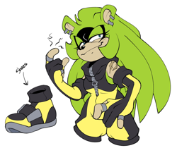 Size: 2044x1715 | Tagged: safe, artist:meowthcringe, surge the tenrec, tenrec, alternate hairstyle, alternate outfit, alternate version, earring, eyelashes, female, gloves, looking at viewer, ring, scar, shoes, simple background, smile, smirk, solo, white background