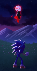 Size: 1011x1920 | Tagged: safe, artist:yellowvixen, sage, sonic the hedgehog, hedgehog, sonic frontiers, clenched fists, clouds, digital static, duo, female, flying, male, nighttime, star (sky), unknown species