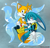 Size: 2048x1985 | Tagged: safe, artist:marty_jade23, kit the fennec, miles "tails" prower, fox, backpack, bracelet, chest fluff, duo, fennec, gloves, grey background, looking at viewer, male, mouth open, one fang, shoes, signature, simple background, tentacle, water