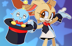 Size: 1092x702 | Tagged: safe, artist:cat-rage, cheese (chao), cream the rabbit, chao, rabbit, 31 days sonic, abstract background, agender, alternate outfit, bowtie, cheeseabetes, child, creamabetes, cute, duo, female, gradient background, hat, magic, neutral chao, outline, signature, top hat