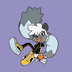 Size: 2048x2048 | Tagged: safe, artist:kylesmeallie, tangle the lemur, lemur, eyelashes, female, gloves, looking at viewer, purple background, shoes, simple background, sitting, solo, tangle's running suit, tongue out, wink