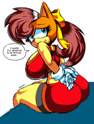 Size: 3000x3949 | Tagged: suggestive, artist:disciplinedgals, tiara boobowski, cat, bootyfull tiara, busty tiara, dialogue, from behind, looking back, simple background, solo, sonic x-treme, white background