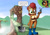 Size: 1280x905 | Tagged: suggestive, artist:shieltar, nicole the handheld, nicole the hololynx, sally acorn, chipmunk, lynx, green hill zone, busty sally, dialogue, growth, loop, monitor, post transformation, sally's vest and boots