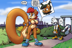 Size: 1280x853 | Tagged: suggestive, artist:shieltar, nicole the hololynx, sally acorn, tangle the lemur, chipmunk, lemur, lynx, cityscape, clouds, daytime, dialogue, duo, females only, heart, heart eyes, impossibly long tail, post transformation, tangle's running suit