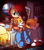 Size: 1300x1465 | Tagged: safe, artist:zeiram0034, miles "tails" prower, sally acorn, chipmunk, fox, bed, black sclera, candle, child, duo, hockey stick, moon, nighttime, redraw, robot, roboticized, sleeping