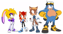 Size: 1280x698 | Tagged: safe, artist:raccoonshinobi, antoine d'coolette, bunnie rabbot, rotor walrus, sally acorn, chipmunk, coyote, rabbit, walrus, freedom fighters, goggles, redesign, simple background, sword, white background