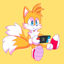Size: 1000x1000 | Tagged: safe, artist:sodasquids, miles "tails" prower, fox, gaming, nintendo switch, simple background, sitting, smile, video game console, yellow background