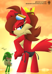 Size: 617x873 | Tagged: suggestive, artist:underworldcircle, fiona fox, scourge the hedgehog, fox, hedgehog, alternate outfit, beach, duo, faux 3d, female, looking at viewer, looking back, male, panties, sexy, smirk, stupid sexy fiona, sunglasses, sunset, topless