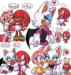 Size: 1131x1200 | Tagged: safe, artist:heartludwig, amy rose, knuckles the echidna, rouge the bat, bat, echidna, hedgehog, banter, shopping, shopping bag, simple background, trio, white background
