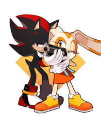 Size: 800x960 | Tagged: dead source, safe, artist:chickenramendevi, cream the rabbit, shadow the hedgehog, hedgehog, rabbit, abstract background, aiming, child, duo, gun, teaching