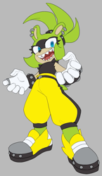 Size: 587x1013 | Tagged: safe, artist:custom charactr, surge the tenrec, tenrec, belt, bracelet, earring, eyelashes, female, gloves, grey background, looking at viewer, open mouth, pants, ponytail, posing, ring, sharp teeth, shirt, shoes, simple background, solo, standing