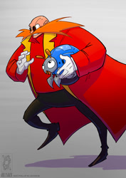 Size: 827x1169 | Tagged: safe, artist:jolly jack, moto bug, robotnik, human, alternate outfit, cape, duo, featured image, gradient background, redesign, robot, running, simple background