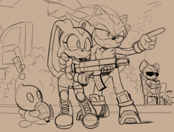 Size: 1122x852 | Tagged: safe, artist:omegasunburst, cheese (chao), cream the rabbit, rouge the bat, shadow the hedgehog, bat, chao, hedgehog, rabbit, aged up, beige background, grenade, gun, neutral chao, simple background, sunglasses, teaching