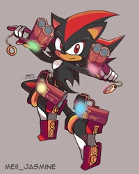 Size: 960x1200 | Tagged: safe, artist:meii jasmine, shadow the hedgehog, hedgehog, bayonetta, boots, crossover, grey background, gun, posing, simple background, solo, what has science done