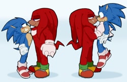 Size: 1200x777 | Tagged: safe, artist:popc0rn cat, knuckles the echidna, sonic the hedgehog, echidna, hedgehog, sonic the hedgehog 2 (2022), blushing, gradient background, knuxonic, picking them up, shipping