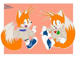 Size: 1200x900 | Tagged: safe, artist:kaffuccino art, miles "tails" prower, fox, abstract background, alternate outfit, blue shoes, duality, outline, sega logo, shirt, shoes, solo
