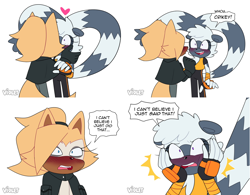 Size: 2398x1866 | Tagged: safe, artist:violetmadness7, tangle the lemur, whisper the wolf, lemur, wolf, crikey, dialogue, disbelief, duo, females only, hands on own face, kiss, lesbian, panels, shipping, shocked, simple background, tangle x whisper, white background