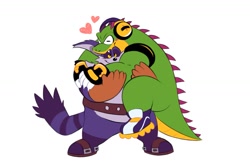 Size: 1200x804 | Tagged: safe, artist:splashbeaw, big the cat, vector the crocodile, cat, crocodile, bigtor, carrying them, duo, gay, hearts, hugging, shipping, simple background, white background