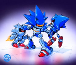 Size: 1200x1020 | Tagged: safe, artist:thecongressman1, mecha sonic, metal sonic, silver sonic, abstract background, fight, robot, trio