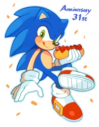 Size: 1200x1536 | Tagged: safe, artist:mossan315, sonic the hedgehog, hedgehog, anniversary, chili dog, food, full body, holding something, licking lips, looking at viewer, outline, simple background, sitting, smile, solo, tongue out, white background