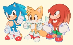 Size: 2048x1280 | Tagged: safe, artist:mossan315, knuckles the echidna, miles "tails" prower, sonic the hedgehog, echidna, fox, hedgehog, blushing, classic, classic knuckles, classic sonic, classic tails, clenched fists, looking at viewer, simple background, smile, standing, team sonic, trio, wagging finger, yellow background