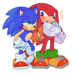 Size: 1338x1389 | Tagged: safe, artist:mossan315, knuckles the echidna, sonic the hedgehog, echidna, hedgehog, arms folded, duo, grin, hand on another's shoulder, looking at them, simple background, standing, white background