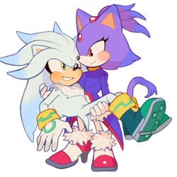 Size: 1370x1370 | Tagged: safe, artist:mossan315, blaze the cat, silver the hedgehog, cat, hedgehog, blaze's tailcoat, bridal carry, carrying them, duo, looking at each other, looking at them, shipping, silvaze, simple background, smile, straight, white background