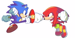 Size: 2047x1065 | Tagged: safe, artist:mossan315, knuckles the echidna, sonic the hedgehog, echidna, hedgehog, sonic origins, alternate eye color, clenched fists, clenched teeth, duo, fight, grin, kicking, punching, redraw, simple background, white background
