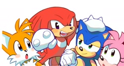 Size: 1690x897 | Tagged: safe, artist:mossan315, amy rose, knuckles the echidna, miles "tails" prower, sonic the hedgehog, echidna, fox, hedgehog, sonic origins, classic, classic amy, classic knuckles, classic sonic, classic tails, group, hand on another's head, lidded eyes, looking at them, looking at viewer, mouth open, redraw, simple background, white background