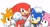 Size: 1690x897 | Tagged: safe, artist:mossan315, amy rose, knuckles the echidna, miles "tails" prower, sonic the hedgehog, echidna, fox, hedgehog, sonic origins, classic, classic amy, classic knuckles, classic sonic, classic tails, group, hand on another's head, lidded eyes, looking at them, looking at viewer, mouth open, redraw, simple background, white background