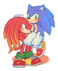 Size: 1028x1266 | Tagged: safe, artist:mossan315, knuckles the echidna, sonic the hedgehog, echidna, hedgehog, blushing, carrying them, full body, gay, grin, hand on another's head, knuxonic, shipping, simple background, smile, standing, white background