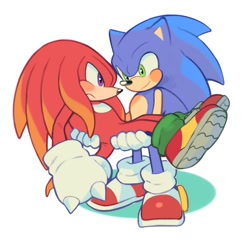 Size: 1131x1117 | Tagged: safe, artist:mossan315, knuckles the echidna, sonic the hedgehog, echidna, hedgehog, bridal carry, carrying them, frown, full body, gay, knuxonic, looking at each other, looking at them, shipping, simple background, smile, standing, white background