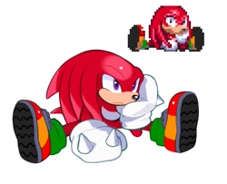 Size: 1325x1077 | Tagged: safe, artist:mossan315, knuckles the echidna, echidna, frown, full body, head rest, redraw, reference inset, simple background, sitting, solo, sonic the hedgehog 3, sprite, white background