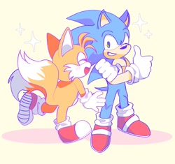 Size: 1305x1229 | Tagged: safe, artist:blueskyuup, miles "tails" prower, sonic the hedgehog, fox, hedgehog, duo, full body, grin, mouth open, one eye closed, simple background, smile, sparkles, standing, thumbs up, wink, yellow background