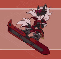Size: 1593x1554 | Tagged: safe, artist:cloudvampire, infinite the jackal, jackal, abstract background, alternate outfit, extreme gear, frown, full body, hand in pocket, lidded eyes, limited palette, looking at viewer, riders style, solo, sonic riders, standing