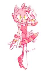 Size: 596x903 | Tagged: safe, artist:pigupigu, amy rose, hedgehog, alternate outfit, hand up, limited palette, looking at viewer, mouth open, simple background, solo, white background