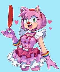 Size: 1000x1200 | Tagged: safe, artist:artkett1412, amy rose, hedgehog, balloon, blue background, clown outfit, cosplay, geiru toneido, hearts, outline, phoenix wright (series), simple background, solo
