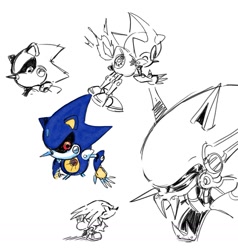 Size: 967x1015 | Tagged: safe, artist:sodaft potato, knuckles the echidna, metal sonic, echidna, duo, from behind, metal sonic kai, robot, simple background, sketch, white background
