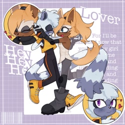 Size: 1200x1200 | Tagged: safe, artist:octoooo__, tangle the lemur, whisper the wolf, lemur, wolf, abstract background, blushing, dancing, females only, grinning, holding hands, shipping, song lyrics, tangle x whisper