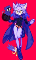 Size: 728x1200 | Tagged: safe, artist:hadi, blaze the cat, cat, alternate hairstyle, alternate outfit, cloak, crossover, raven (teen titans), red background, simple background, solo, teen titans