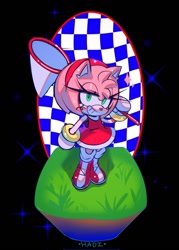 Size: 861x1200 | Tagged: safe, artist:hadi, amy rose, hedgehog, abstract background, animal crossing, bug net, crossover, grinning